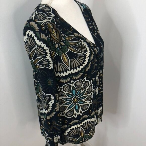H&M Floral Print Long Sleeve V-Neck Blouse Size 4 Button Front Brown Blue Office - Picture 5 of 14